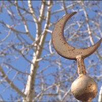 Un croissant de lune symbolique de l'Islam légèrement rouillé devant un arbre.