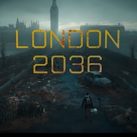 Une personne se tient debout en portant de l'équipement dans la ville de Londres ravagée, en 2036.