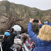 Des visiteurs prennent des photos du rocher Percé à bord d'un bateau qui les mène à l'île Bonaventure.