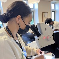 Neila Selouani utilise un microscope dans un laboratoire.