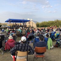Une foule assiste à un spectacle extérieur.