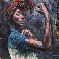 La peinture Rosie No. 1 de l'artiste Tim Okamura présente une femme noire en évoquant l'icône de la culture populaire américaine, Rosie la riveteuse.