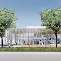 Une illustration avec une station de transport en commun, des gens qui attendent, et des arbres.