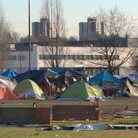 Des tentes dans un parc, avec des édifices en arrière-plan.