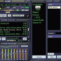 Capture d'écran du logiciel Winamp dans les années 2000, montrant notamment des boutons ressemblant à une console de son. 