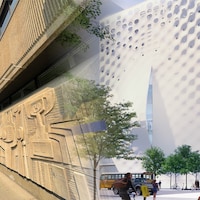 Un photomontage montre une façade en béton sur la gauche et un dessin d'un édifice composé de plusieurs fenêtres sur la droite.