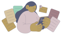 Une femme regarde son cellulaire et une enveloppe représentant un nouveau courriel apparait. Le courriel est une nouvelle infolettre.