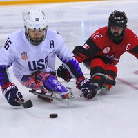 L'Américain Declan Farmer (à gauche) et le Canadien Greg Westlake se disputent la rondelle.
