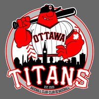Un logo représente un joueur de baseball rouge avec une feuille d'érable tatouée sur son biceps gauche, tenant un bâton de baseball derrière le Parlement d'Ottawa.
