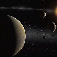 Représentation imaginaire d'un système solaire abritant trois exoplanètes. 