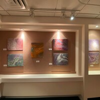 Huit tableaux de Martin Simard accrochés sur un mur pour une exposition.