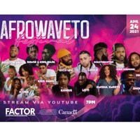 Affiche du festival Afrowave avec les photos des artistes participants sur fond rose et violet.