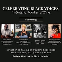 Affiche promotionnelle de l'événement «Celebrating Black Voices in Ontario Food and Wine» qui présente Steve Byfield, Suzanne Barr, Anushka Garnier et Beverly Crandon.