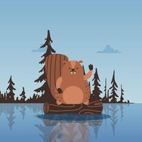 Illustration d'un castor qui flotte sur un rondin de bois.