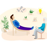 Dessin d'un homme allongé sur un fauteuil en face d'une femme assise sur une chaise, qui prend des notes, dans une pièce décorée avec des plantes et  un cadre photo.