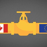 Illustration d'un tuyau avec une valve dans son milieu. On y voit les drapeaux du Canada et le l'Union européenne sur chaque côté.