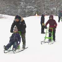 Des parents et leurs enfants se baladent à bord de trottinettes des neiges.