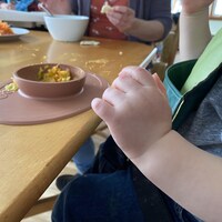 Une petite main d'enfant devant un repas. 