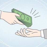 Illustration d'une main qui tend de l'argent en papier à une autre main.