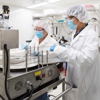 Deux chercheurs travaillent dans un laboratoire.