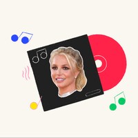 Une illustration d'une pochette d'album de laquelle sort un album vinyl. Sur la pochette d'album, une photo de la tête de la chanteuse pop Britney Spears. Des notes de musique (trois fois deux croches et une noire) sont présentes un peu partout dans l'image.