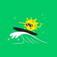 Une illustration d'un coronavirus qui fait du surf sur une vague. Le coronavirus porte des lunettes de soleil, sourit et fait un shaka (ou « hang loose », en anglais) avec sa main droite. 