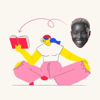 Une illustration d'une jeune femme qui lit un livre à côté du visage de la rappeuse Sarahmée.