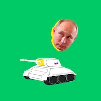 Le visage de Vladimir Poutine est découpé sur un fond vert. On voit aussi un véhicule militaire illustré.