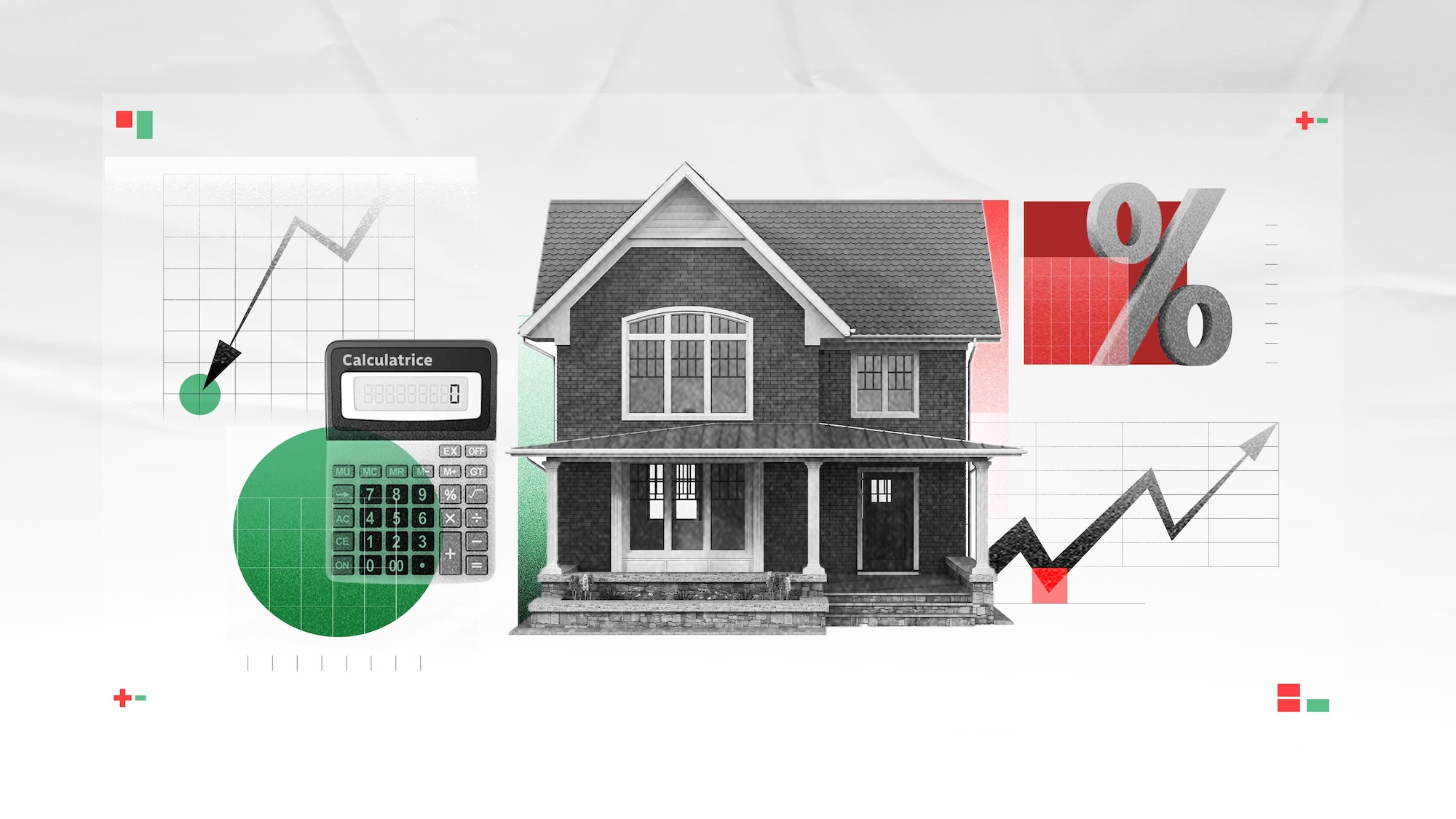 Une illustration présentant une maison, une calculatrice et des données.