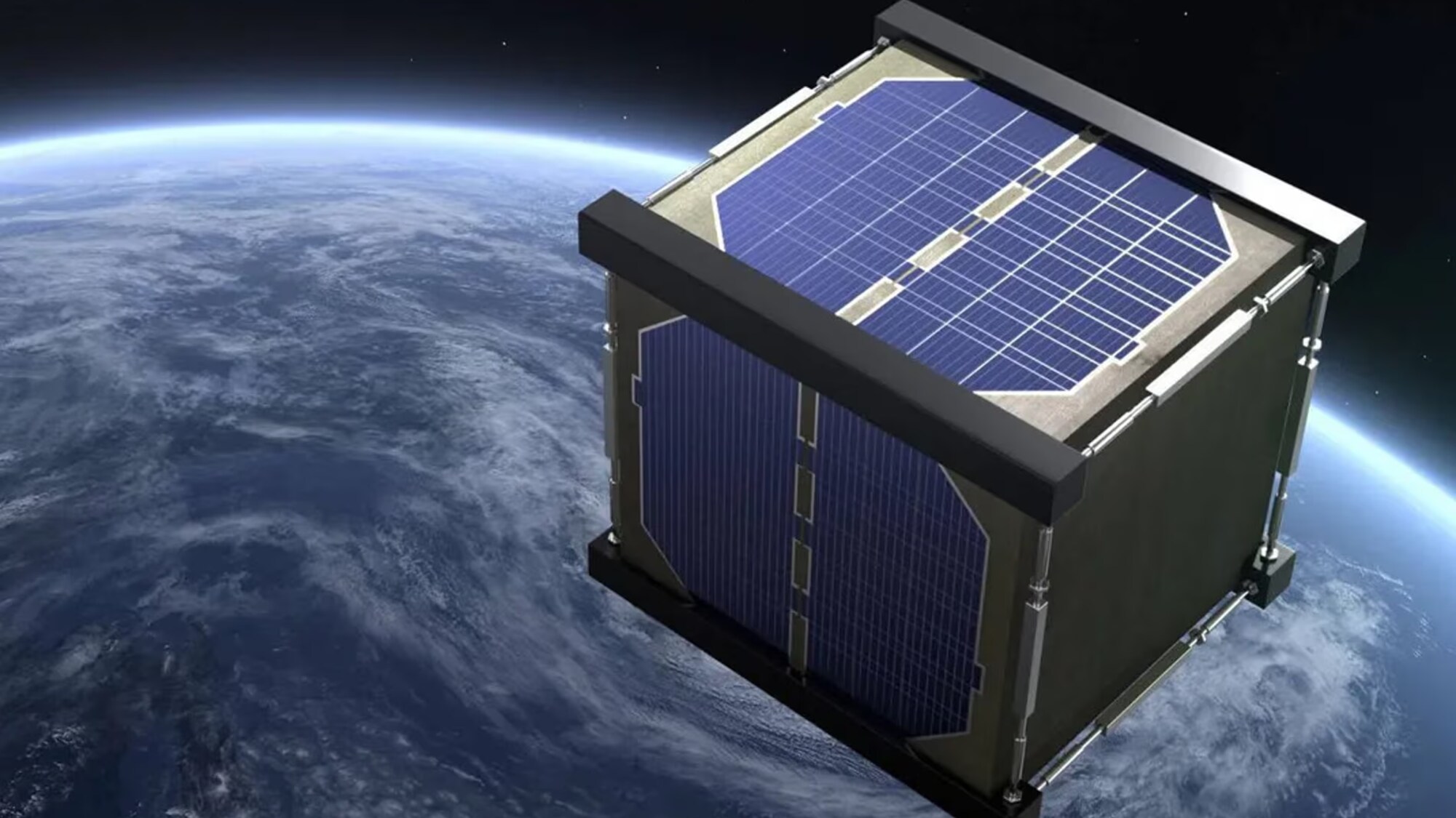 Une représentation artistique du satellite en bois LignoSat en orbite autour de la Terre.