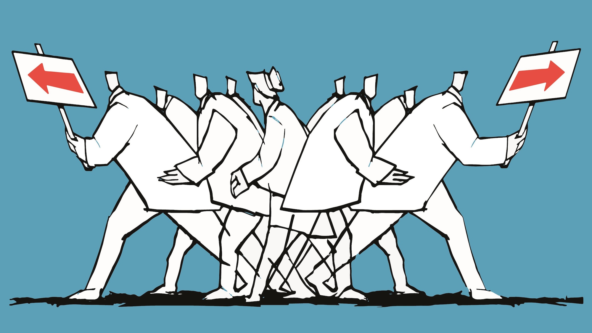 Illustration montrant des personnages qui vont dans deux directions différentes, un groupe à gauche et un à droite.