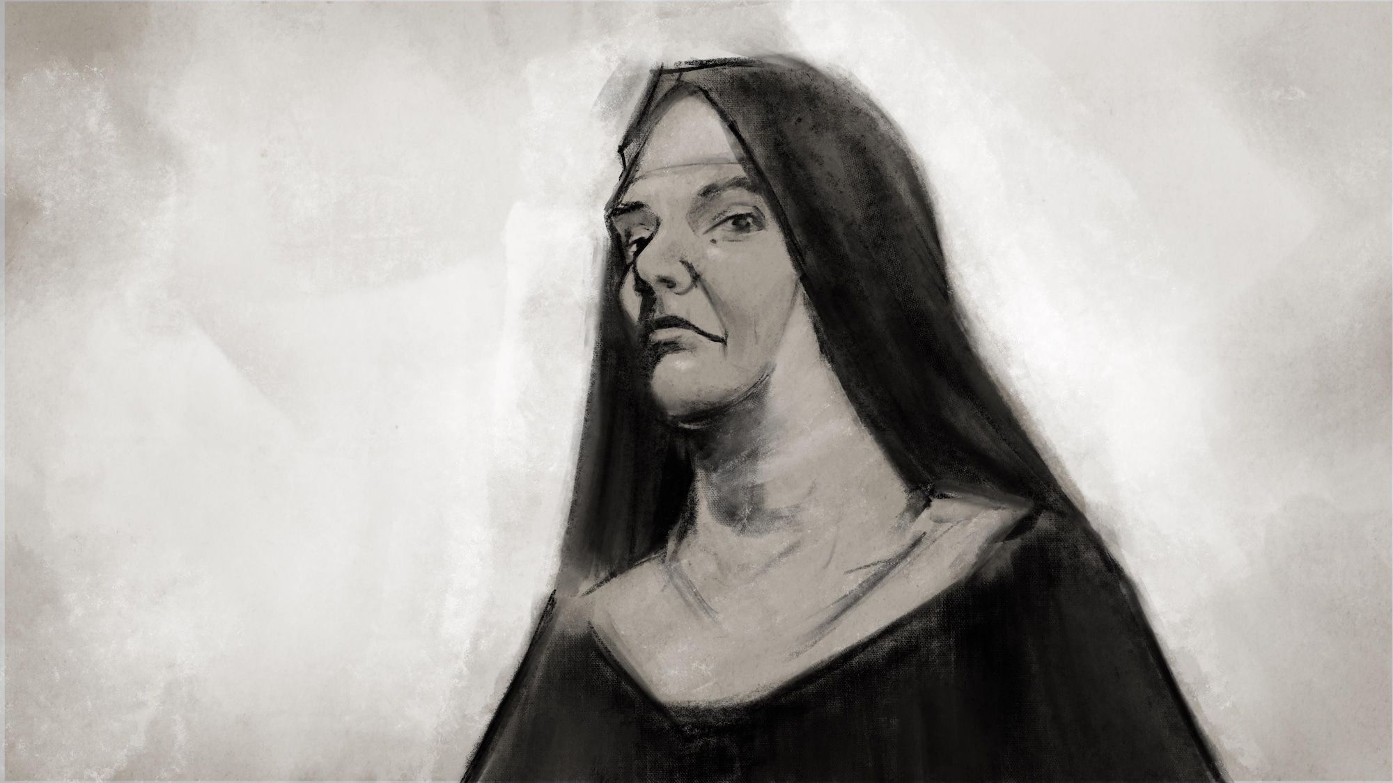Illustration en noir et blanc d'une religieuse qui n'a pas l'air très sympathique.