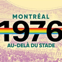  au-delà du stade est traversé par une bande arc-en-ciel avec une image de l'intérieur du stade olympique en fond avec le bandeau Nouveauté.