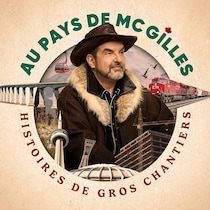 Photo de MC Gilles portant un chapeau et un manteau avec un collet de fourrure, en plus d'images d'infrastructures emblématiques du Canada.