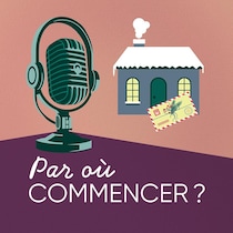 Illustration d'un micro de radio avec une maison enneigée et une carte de Noël.
