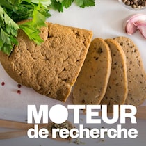 Un morceau de seitan avec des épices et dont certains morceaux sont coupés en fines tranches.