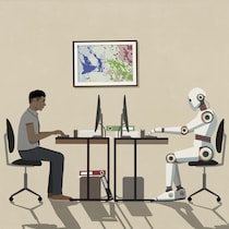 Le dessin d'un humain à gauche, assis devant un bureau en regardant un ordinateur, et un robot à droite, qui fait la même chose.