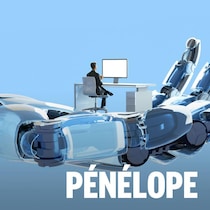 Une personne assise à un bureau avec un ordinateur est posée sur une main robotisée.