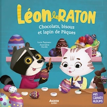 Illustration d'un raton laveur et d'un chat en train de colorier des œufs de Pâques.