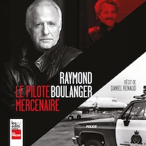 Sur la page couverture du livre, il y a une photo de Raymond Boulanger vieux et jeune ainsi qu'une photo d'un véhicule de police stationné à côté d'un avion.