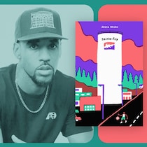 Illustration d'une page couverture de livre, montrant une artère d'autoroute avec un panneau où il est écrit « Sainte-Foy », et où l'on voit un joueur de basketball dans la rue.
