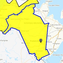 Une carte sur laquelle les régions du nord et de l'ouest du Nouveau-Brunswick sont en jaune.