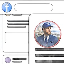 Illustration dans laquelle on voit des fenêtres de Facebook, une photo de profil d'un homme en complet qui porte une casquette à l'effigie du Québec, et plusieurs illustrations d'emojis fâchés.