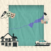 Une illustration montrant un graphique et d'autres éléments du coût de la vie, comme une maison, une voiture et un panier d'épicerie.
