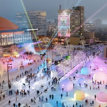 Une image présentant le projet du Downtown Event and Entertainment District avec le nouvel aréna visant à revitaliser le centre-ville de Saskatoon, en Saskatchewan.