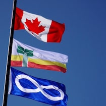 Les drapeaux du Canada, des Franco-Manitobains et des Métis. 