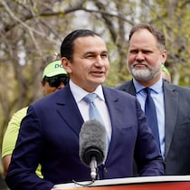 Wab Kinew lors de l'annonce d'un financement pour la sécurité du centre-ville de Winnipeg, le 21 mai 2026.