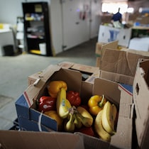Une boîte de fruits et de légumes à la banque alimentaire de Feed Scarborough à Toronto, le 3 août 2023.