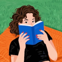 Illustration d'une femme lisant un livre. 