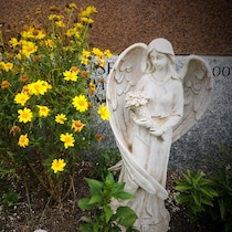 Des fleurs au pied d'une pierre tombale.